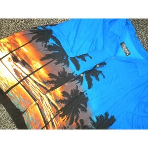 Favant Shirt Mens XXL Blue Button Up Hawaiian Tropical Ocean Palm Tree Sunset‎